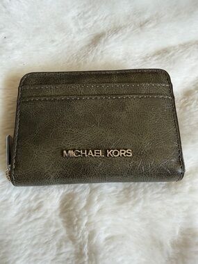 Michael Kors Olive Green Zip Card Case with Silver Logo
